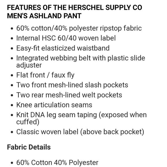 Herschel Supply‎ Co. Pants Ashland Navy Blue Ripstop Cotton Outdoor Hiking XL - Picture 16 of 16